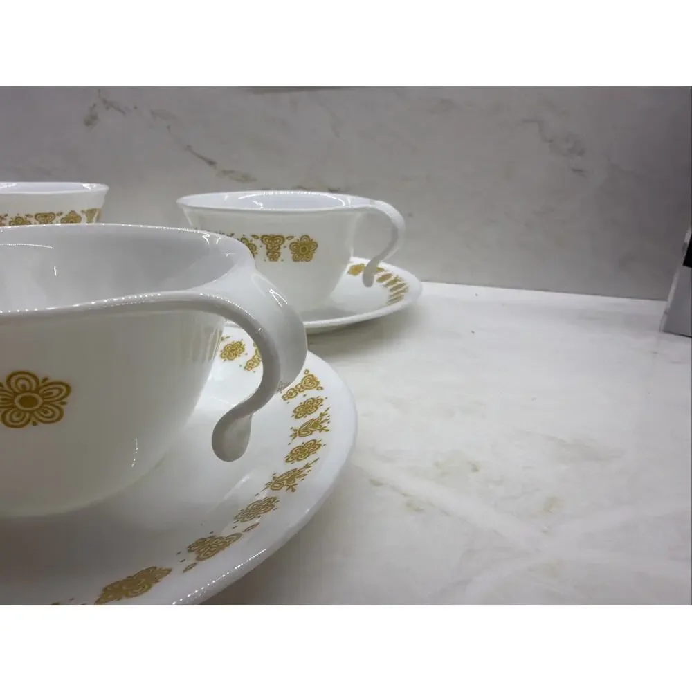 Vintage Set of 4 Corelle Butterfly Gold Hook Handle Coffee Tea Cups /Saucers